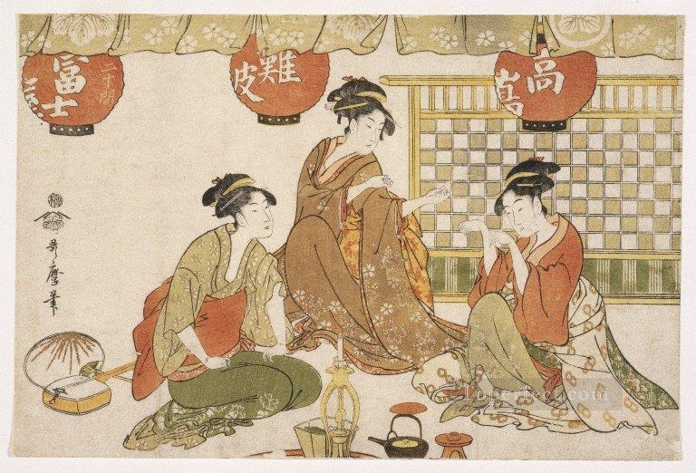 提灯を持った三人官女 喜多川歌麿 浮世絵美人画油絵